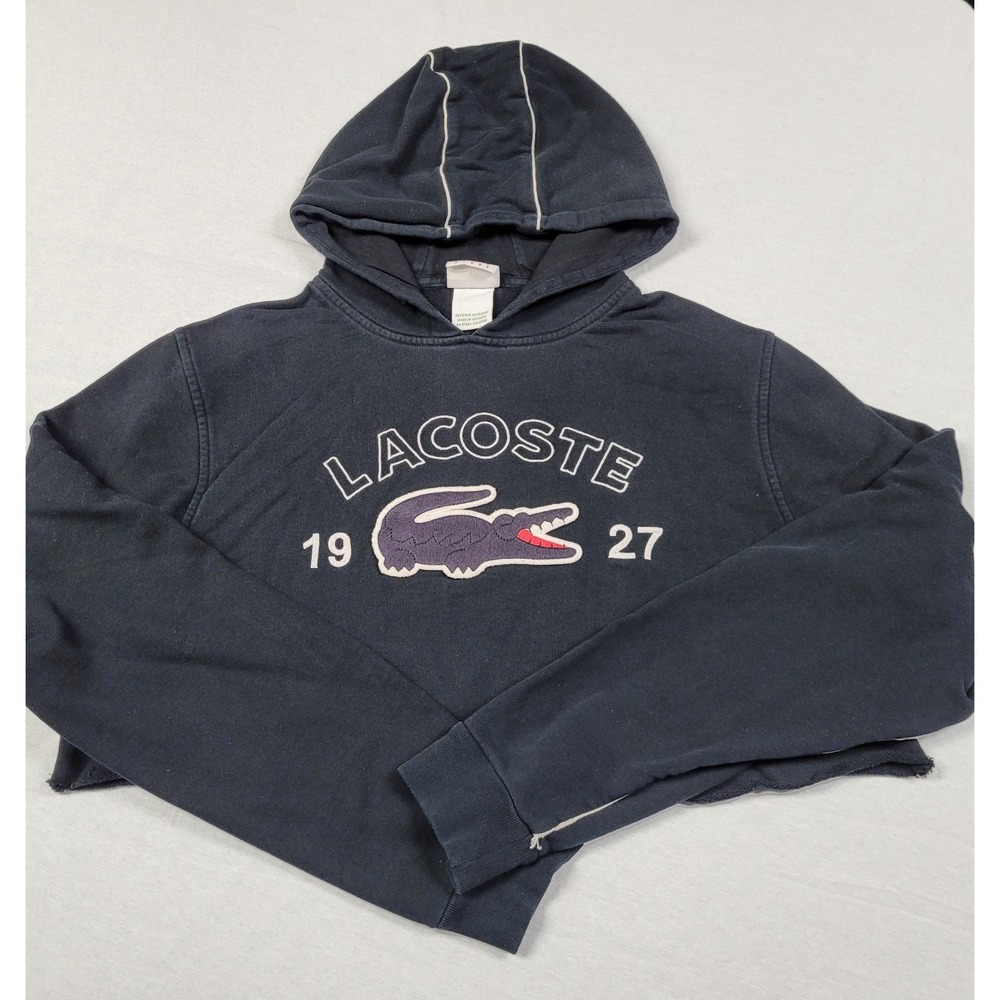 Vintage Lacoste 1927 Big Croc Hooded Sweatshirt Black Custom Cropped Women's L/5